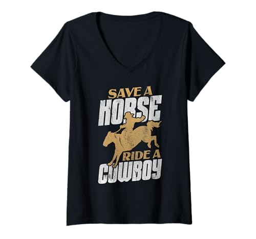 Damen Kühnes Cowboy-REIT-Design T-Shirt mit V-Ausschnitt Damen Kühnes Cowboy-REIT-Design T-Shirt mit V-Ausschnitt von Western Style Apparel