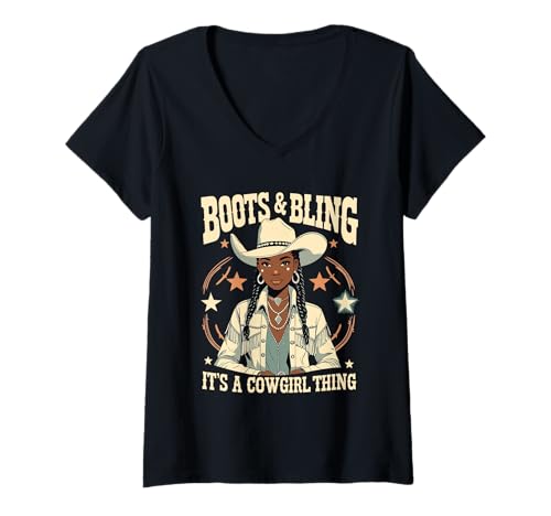 Damen Boots and Bling It's Cowgirl Thing Western Country Melanin T-Shirt mit V-Ausschnitt Damen Boots and Bling It's Cowgirl Thing Western Country Melanin T-Shirt mit V-Ausschnitt von Western Style Melanin Rodeo Cowgirl Women Ladies