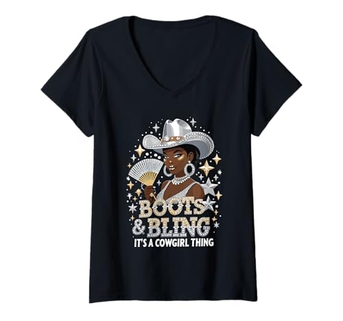 Damen Boots and Bling It's Cowgirl Thing Western Country Melanin T-Shirt mit V-Ausschnitt Damen Boots and Bling It's Cowgirl Thing Western Country Melanin T-Shirt mit V-Ausschnitt von Western Style Melanin Rodeo Cowgirl Women Ladies