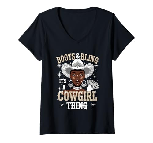 Damen Boots and Bling It's Cowgirl Thing Western Country Melanin T-Shirt mit V-Ausschnitt Damen Boots and Bling It's Cowgirl Thing Western Country Melanin T-Shirt mit V-Ausschnitt von Western Style Melanin Rodeo Cowgirl Women Ladies