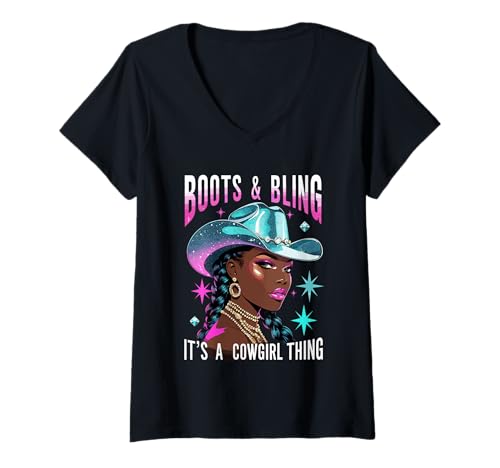 Damen Boots and Bling It's Cowgirl Thing Western Country Melanin T-Shirt mit V-Ausschnitt Damen Boots and Bling It's Cowgirl Thing Western Country Melanin T-Shirt mit V-Ausschnitt von Western Style Melanin Rodeo Cowgirl Women Ladies