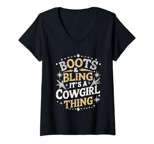 Damen Boots and Bling It's Cowgirl Thing Western Country Melanin T-Shirt mit V-Ausschnitt Damen Boots and Bling It's Cowgirl Thing Western Country Melanin T-Shirt mit V-Ausschnitt von Western Style Melanin Rodeo Cowgirl Women Ladies