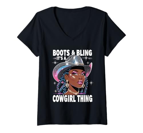 Damen Boots and Bling It's Cowgirl Thing Western Country Melanin T-Shirt mit V-Ausschnitt Damen Boots and Bling It's Cowgirl Thing Western Country Melanin T-Shirt mit V-Ausschnitt von Western Style Melanin Rodeo Cowgirl Women Ladies