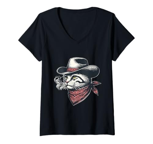 Damen Cowboy Cat Smoking Zigarre Bandana Western Wild West Design T-Shirt mit V-Ausschnitt Damen Cowboy Cat Smoking Zigarre Bandana Western Wild West Design T-Shirt mit V-Ausschnitt von Western Tees