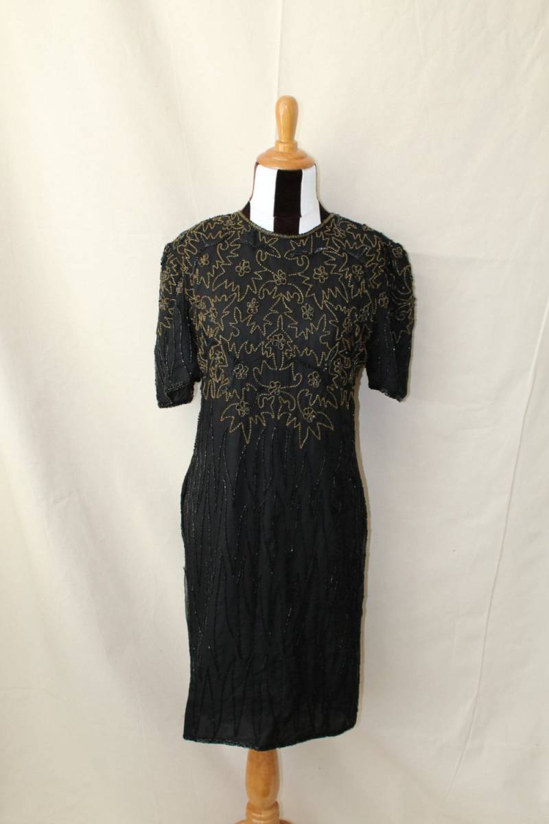 1980Er Jahre Bernstein Schwarz Perlen Kleid | 80Er Tut 20Er Flapper Seidenperlen High Neck Kurzarm Party 1980Er Jahre Bernstein Schwarz Perlen Kleid | 80Er Tut 20Er Flapper Seidenperlen High Neck Kurzarm Party von WesternWallflowers