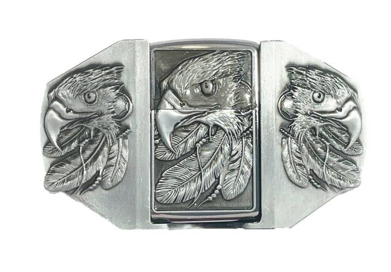 Westernlifestyle Gürtelschnalle Adlerkopf Federn Buckle Gürtelschließe mit Sturmfeuerzeug von Westernlifestyle