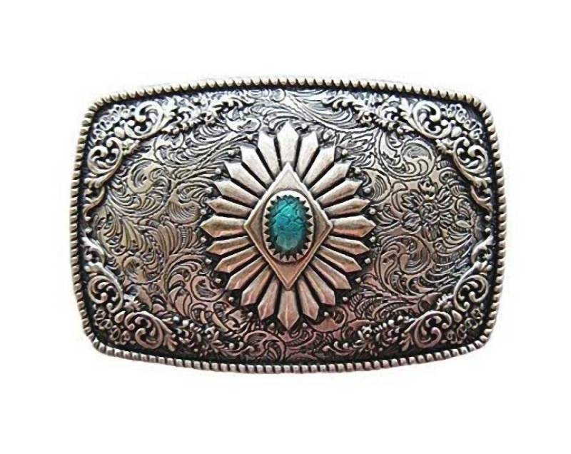 Westernlifestyle Gürtelschnalle Buckle Westernornament versilbert mit türkisem Stein von Westernlifestyle