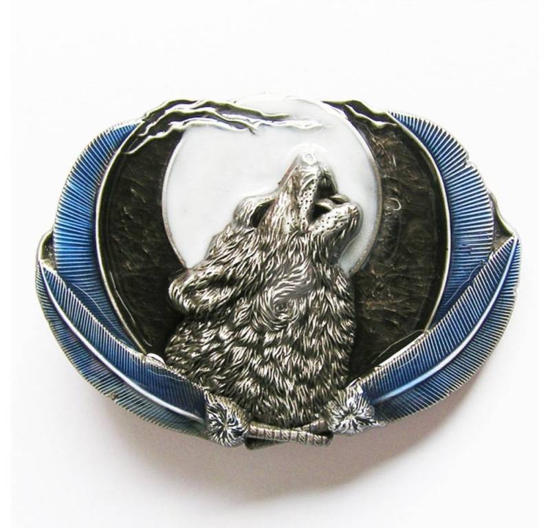 Westernlifestyle Gürtelschnalle Buckle Wolf bei Vollmond, blau von Westernlifestyle