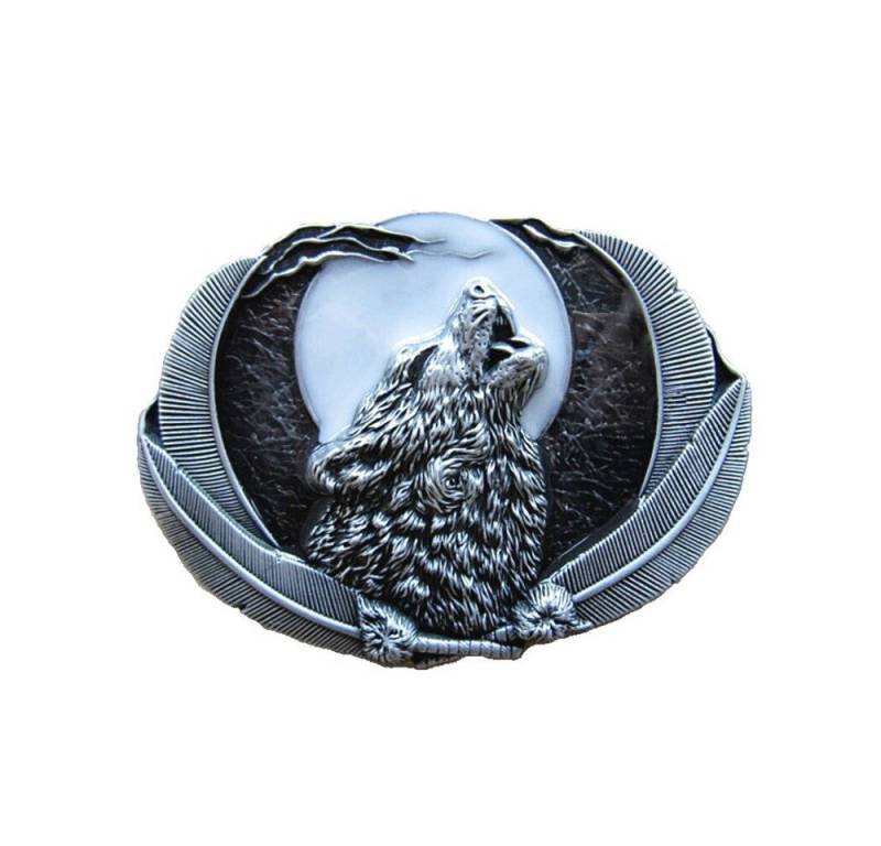 Westernlifestyle Gürtelschnalle Buckle Wolf bei Vollmond schwarz/silber von Westernlifestyle
