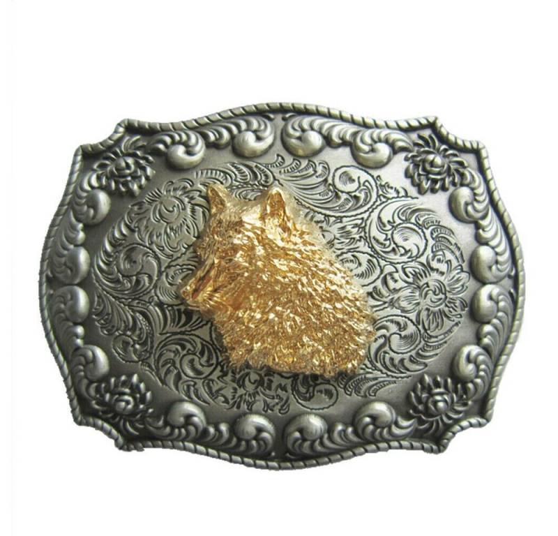 Westernlifestyle Gürtelschnalle Goldener Wolf Gürtelschnalle Western 3D Optik für Wechselgürtel Gürtel von Westernlifestyle