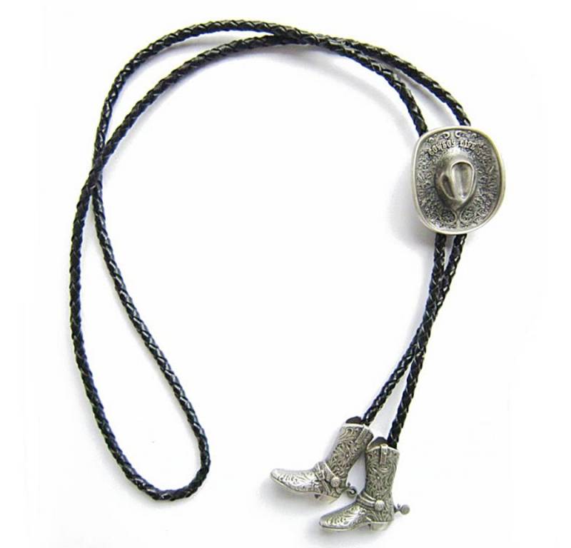 Westernlifestyle Krawatte Bolo Tie Westernkrawatte Cowboyhut und Cowboystiefel versilbert von Westernlifestyle