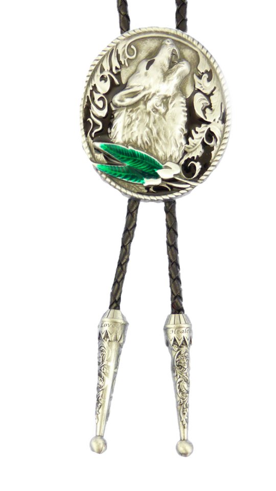 Westernlifestyle Krawatte Heulender Wolf Federn Bolo Tie Westernkrawatte von Westernlifestyle