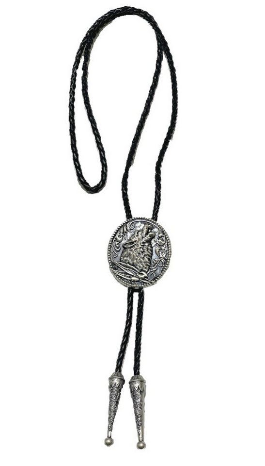 Westernlifestyle Krawatte Heulender Wolf versilbert Federn Bolo Tie Westernkrawatte von Westernlifestyle