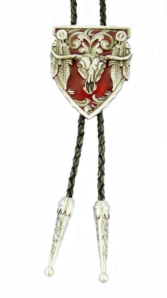 Westernlifestyle Krawatte Pfeilspitze mit Longhorn Skull rot Federn Bolo Tie Westernkrawatte von Westernlifestyle