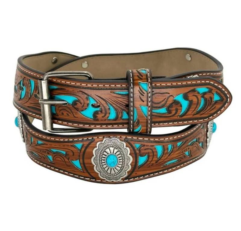 Westernlifestyle Ledergürtel Braun türkis gemusterter Westerngürtel Gürtel Wechselgürtel von Westernlifestyle