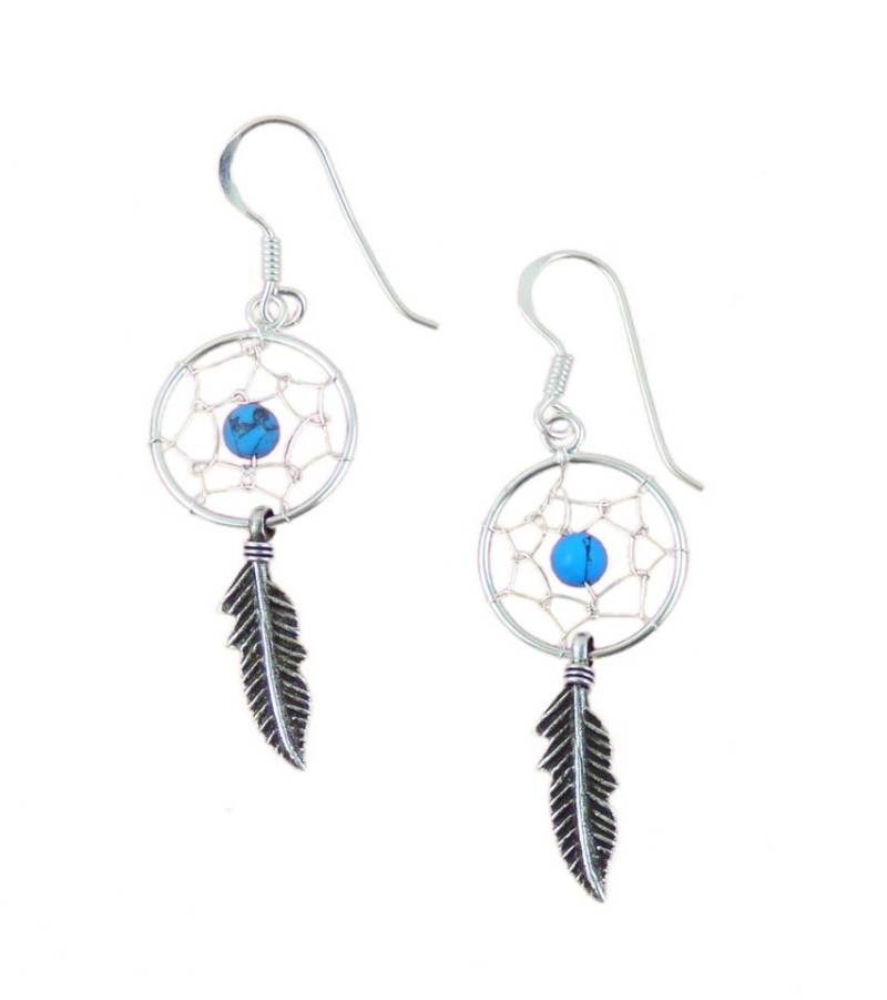 Westernlifestyle Paar Ohrhänger Ohrringe Traumfänger m. türkiser Perle und 1 Feder von Westernlifestyle