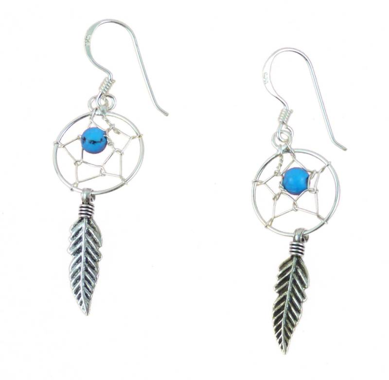 Westernlifestyle Paar Ohrhänger Ohrringe Traumfänger m. türkiser Perle und 1 Feder von Westernlifestyle