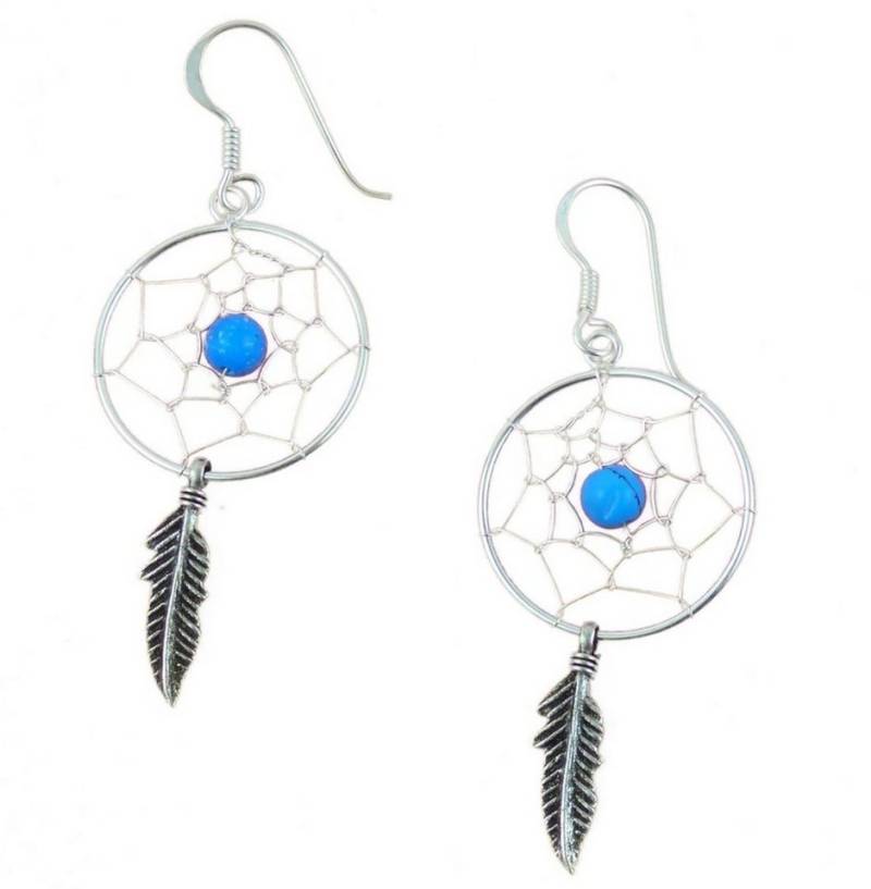 Westernlifestyle Paar Ohrhänger Ohrringe Traumfänger m. türkiser Perle und 1 Feder von Westernlifestyle