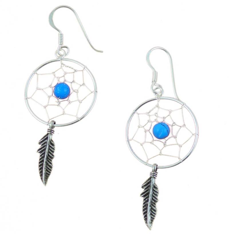 Westernlifestyle Paar Ohrhänger Ohrringe Traumfänger m. türkiser Perle und 1 Feder von Westernlifestyle