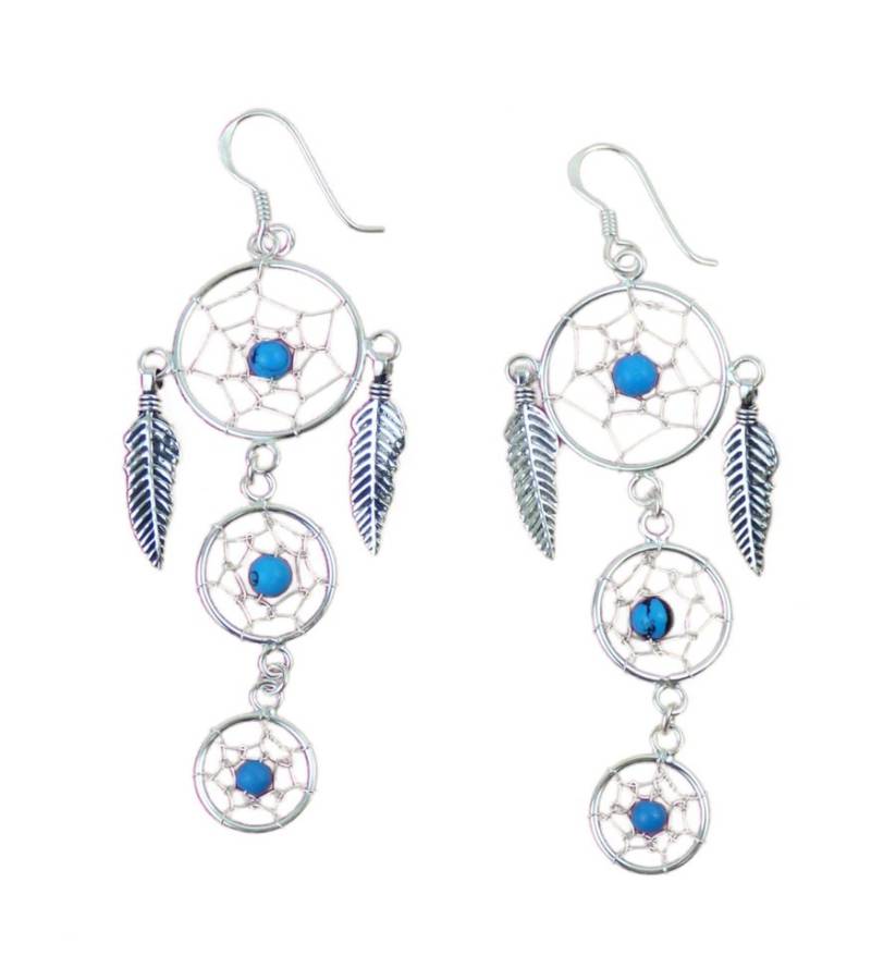 Westernlifestyle Paar Ohrhänger Ohrringe mit 3 Traumfänger und Federn aus 925er Sterling Silber von Westernlifestyle