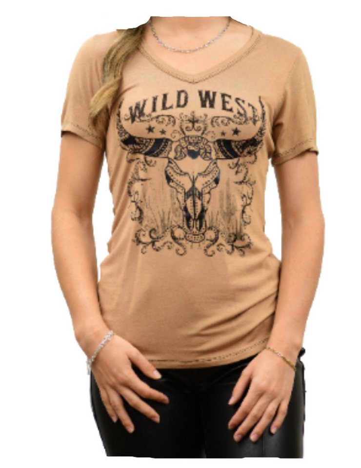 Westernlifestyle T-Shirt Beige Wild West Steer Westernshirt Westernwear Strass Line Dance von Westernlifestyle