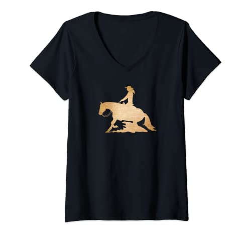 Damen Westernreiter Reining Quarter Horse Sliding Stop T-Shirt mit V-Ausschnitt von Westernreiten Pferdesport Shirts & Geschenke