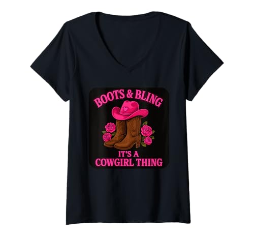 Damen Boots Bling It's A Cowgirl Thing Stil T-Shirt mit V-Ausschnitt von Westernstil Cowgirl Charme Boots Bling