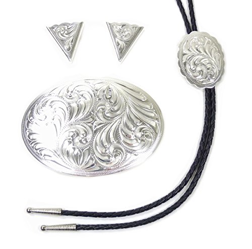 Westernwear-Shop Western Set Silver Engraved mit Bolotie G?rtelschnalle und Kragenecken Kragenspitzen Collar tips Westernschmuck Westernasseccoires Bolo Tie Belt Buckle Silber von Westernwear-Shop