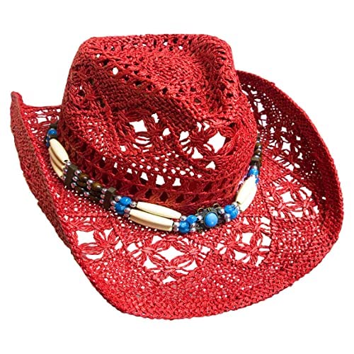 Westernwear Western Style Sommer Strohhut mit Perlen-Hutband in verschl. Farben (Rot, 1 (52-55 cm)) von Westernwear-Shop