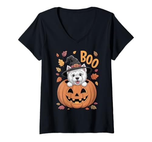 Damen Westie Kostüm Kürbis Halloween West Highland White Terrier T-Shirt mit V-Ausschnitt Damen Westie Kostüm Kürbis Halloween West Highland White Terrier T-Shirt mit V-Ausschnitt von Westie Halloween kids, women, men