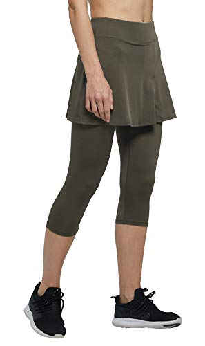 Westkun Damen Leggings mit Rock Seitenschlitz Tennisrock mit Hose Sport Lauf Fitness Workout Skort Caprihose 3/4 2 in 1 Armee L von Westkun