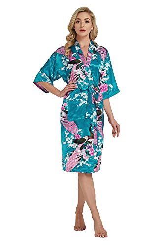 Westkun Damen Kimono Morgenmantel Lange Satin Bademantel Sexy Pfau Gedruckt Strickjacke Kimono Lang Robe Nachtwäsche Nachthemd für Braut Schlafanzug Party 3/4 Arm(Blau,XL) von Westkun