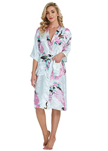 Westkun Damen Kimono Morgenmantel Lange Satin Bademantel Sexy Pfau Gedruckt Strickjacke Kimono Lang Robe Nachtwäsche Nachthemd für Braut Schlafanzug Party 3/4 Arm(Hellblau,XXL) von Westkun