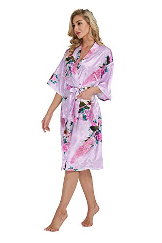 Westkun Damen Kimono Morgenmantel Lange Satin Bademantel Sexy Pfau Gedruckt Strickjacke Kimono Lang Robe Nachtwäsche Nachthemd für Braut Schlafanzug Party 3/4 Arm(Helllila,L) von Westkun