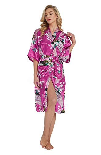 Westkun Damen Kimono Morgenmantel Lange Satin Bademantel Sexy Pfau Gedruckt Strickjacke Kimono Lang Robe Nachtwäsche Nachthemd für Braut Schlafanzug Party 3/4 Arm(Rosarot,XXL) von Westkun