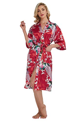 Westkun Damen Kimono Morgenmantel Lange Satin Bademantel Sexy Pfau Gedruckt Strickjacke Kimono Lang Robe Nachtwäsche Nachthemd für Braut Schlafanzug Party 3/4 Arm(Rot,L) von Westkun