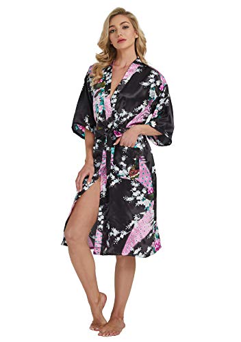 Westkun Damen Kimono Morgenmantel Lange Satin Bademantel Sexy Pfau Gedruckt Strickjacke Kimono Lang Robe Nachtwäsche Nachthemd für Braut Schlafanzug Party 3/4 Arm(Schwarz,L) von Westkun