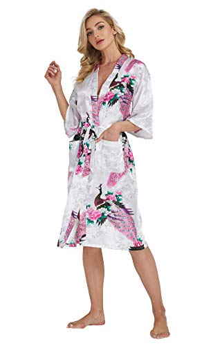 Westkun Damen Kimono Morgenmantel Lange Satin Bademantel Sexy Pfau Gedruckt Strickjacke Kimono Lang Robe Nachtwäsche Nachthemd für Braut Schlafanzug Party 3/4 Arm(Weiß,3XL) von Westkun