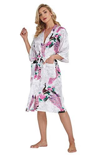 Westkun Damen Kimono Morgenmantel Lange Satin Bademantel Sexy Pfau Gedruckt Strickjacke Kimono Lang Robe Nachtwäsche Nachthemd für Braut Schlafanzug Party 3/4 Arm(Weiß,XL) von Westkun