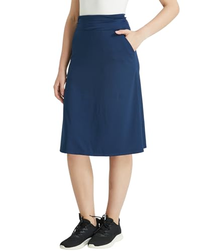 Westkun Damen Lang Activewear Röcke Wanderrock mit Innenhose und Tasche Tennisrock mit Hoher Taille und Leichte Shorts Sports Skorts(Dunkelblau-Faltige Taille M) von Westkun
