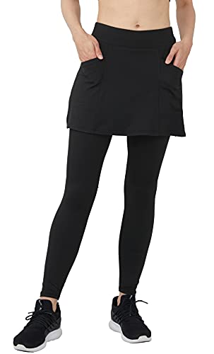 Westkun Damen Leggings mit Kurz Rock Knöchelläng Laufhose mit Taschen und Außentaschen Beiläufig Trainieren Draußen Yoga Sport Soft Rockhose 2-in-1(A Schwarz-kurzerrock,L) von Westkun