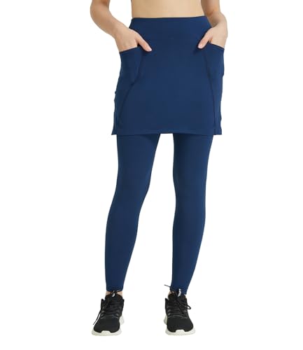 Westkun Damen Leggings mit Rock Activewear Knöchelläng Laufhose Tennisrock mit Taschen Yoga Sport Soft Rockhose Tennisbekleidung 2-in-1(Dunkelblau-Außentaschen,S) von Westkun