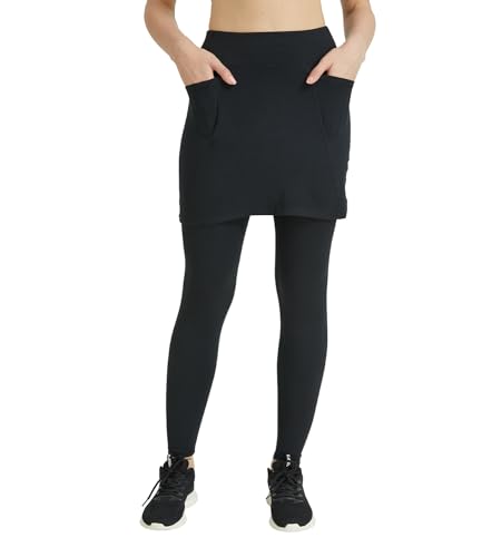 Westkun Damen Leggings mit Rock Activewear Knöchelläng Laufhose Tennisrock mit Taschen Yoga Sport Soft Rockhose Tennisbekleidung 2-in-1(Schwarz-Außentaschen,S) von Westkun