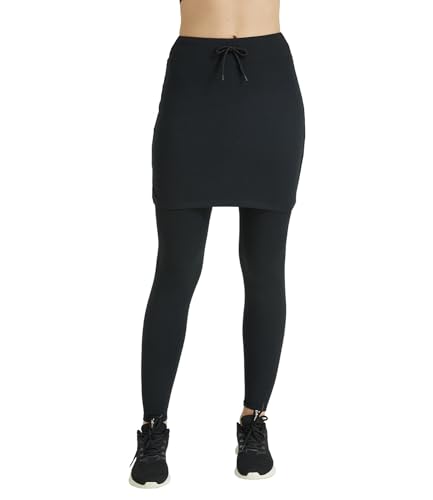 Westkun Damen Leggings mit Rock Activewear Knöchelläng Laufhose Tennisrock mit Taschen Yoga Sport Soft Rockhose Tennisbekleidung 2-in-1(Schwarz-Kordelzug,S) von Westkun