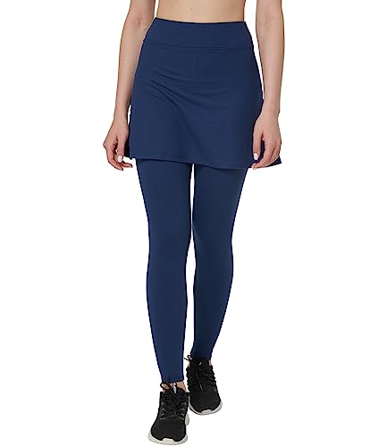 Westkun Damen Leggings mit Rock Knöchelläng Laufhose Tennisrock mit Taschen Yoga Sport Soft Rockhose Tennisbekleidung 2-in-1(Dunkelblau,M) von Westkun