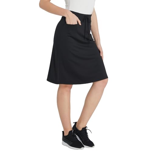 Westkun Damen Skorts Modest Knielange Röcke Athletic Midi Active Golf Laufen Hosenrock mit Hose Drunter A-Schwarz L von Westkun