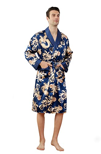 Westkun Herren Morgenmantel Kimono Bademantel Satin Lang Nachtwäsche Robe Strickjacke Japanische Pyjamas Nachtwäsche V Ausschnitt mit Taschen und Gürtel(Gedrucktes Dunkelblau,M) von Westkun