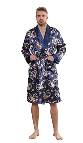 Westkun Herren Morgenmantel Kimono Bademantel Satin Lang Nachtwäsche Robe Strickjacke Japanische Pyjamas Nachtwäsche V Ausschnitt mit Taschen und Gürtel(Gedrucktes Marine,XXL) von Westkun