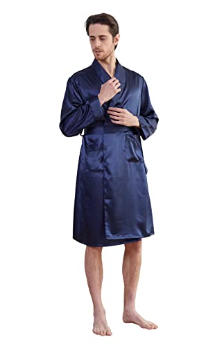 Westkun Herren Morgenmantel Kimono Bademantel Satin Lang Nachtwäsche Robe Strickjacke Japanische Pyjamas Nachtwäsche V Ausschnitt mit Taschen und Gürtel(Marine,L) von Westkun