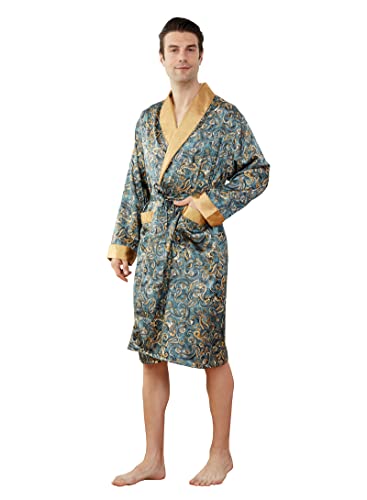 Westkun Herren Morgenmantel Kimono Bademantel Satin Lang Nachtwäsche Robe Strickjacke Japanische Pyjamas Nachtwäsche V Ausschnitt mit Taschen und Gürtel(Paisley,3XL) von Westkun